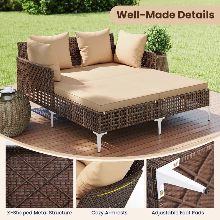 Outdoor Rattan Double Daybed Wicker Chaise Lounge-Brown