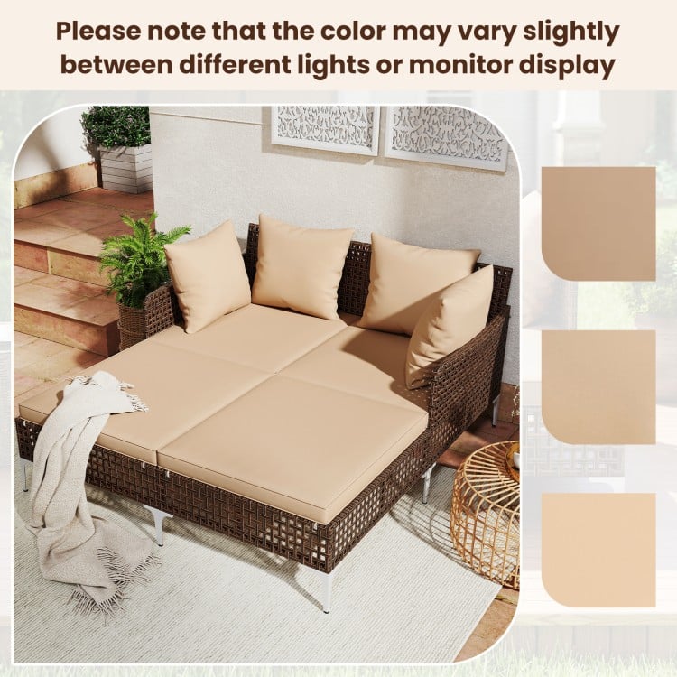 Outdoor Rattan Double Daybed Wicker Chaise Lounge-Brown