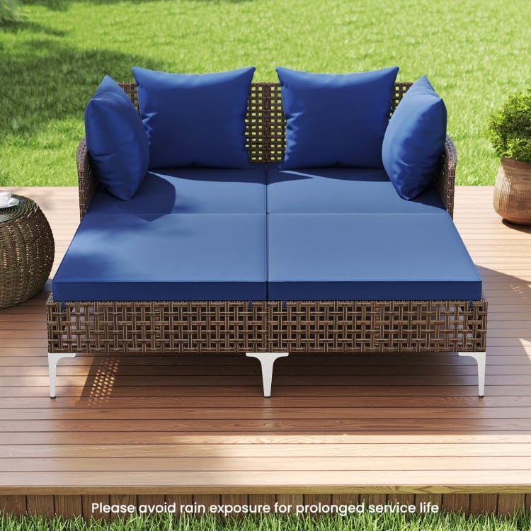 Outdoor Rattan Double Daybed Wicker Chaise Lounge-Navy