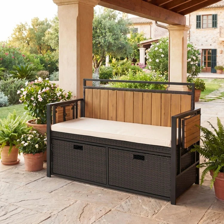 Outdoor Storage Bench with Side Tables – 2-Seater Wicker Patio Bench with Hidden Storage & Cushion