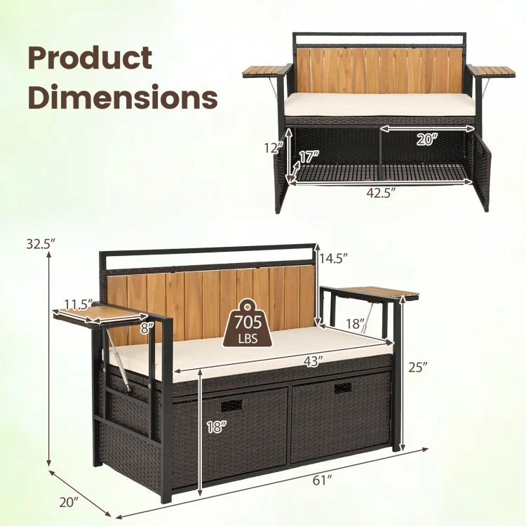 Outdoor Storage Bench with Side Tables – 2-Seater Wicker Patio Bench with Hidden Storage & Cushion