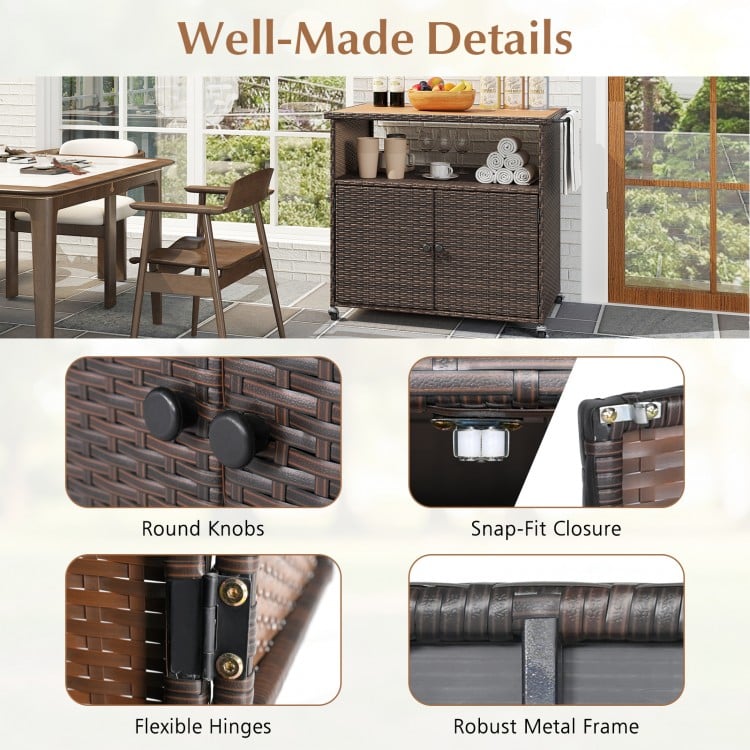 Outdoor Storage Cabinet with Acacia Wood Top and Lockable Wheels