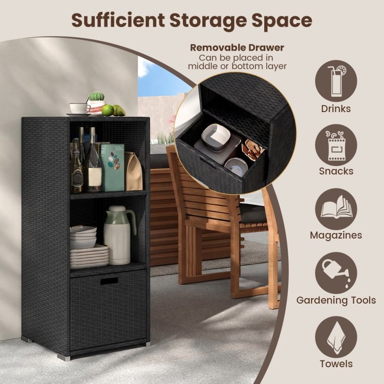 Outdoor Storage Cabinet Patio Wicker Organizer with Drawer-Black