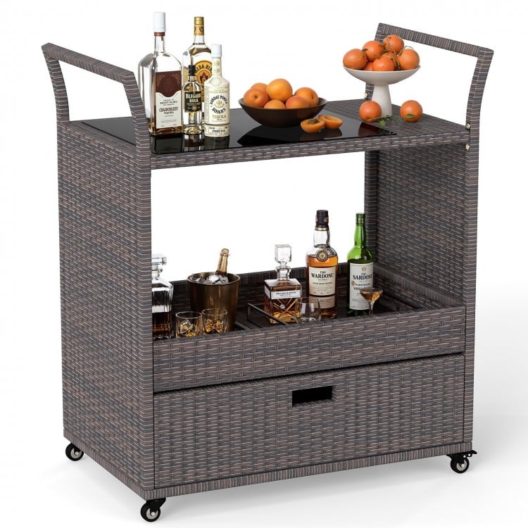 Outdoor Wicker Bar Cart Table with Tempered Glass Top