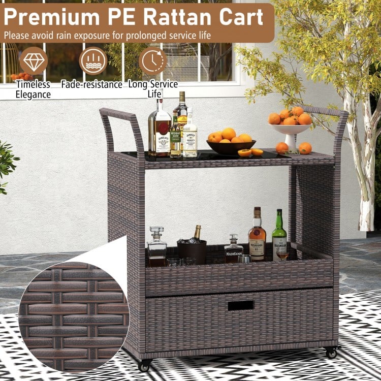Outdoor Wicker Bar Cart Table with Tempered Glass Top