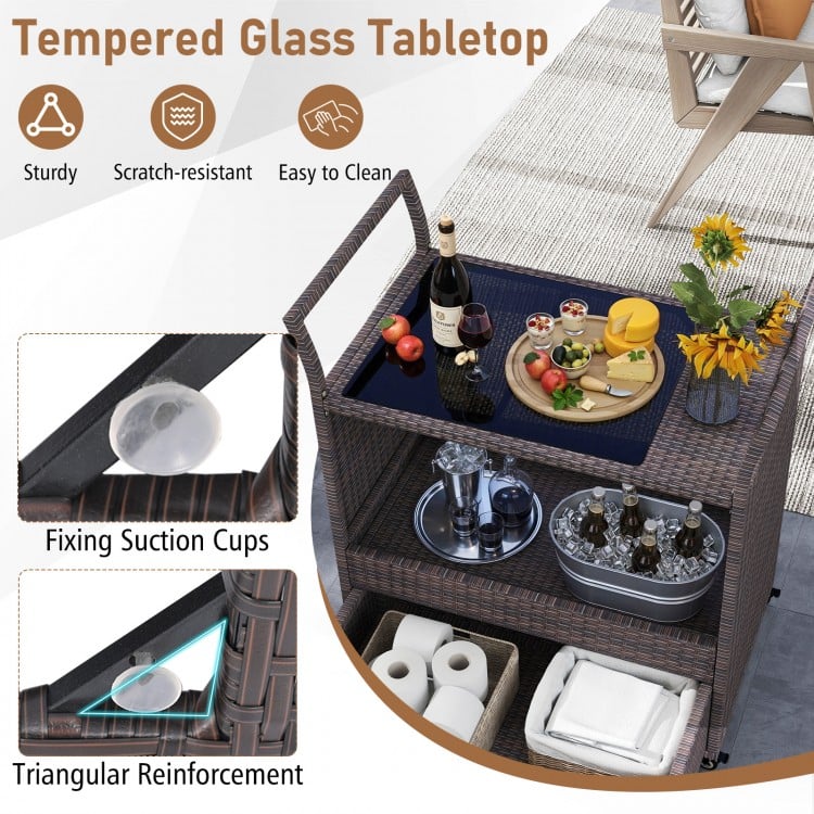 Outdoor Wicker Bar Cart Table with Tempered Glass Top