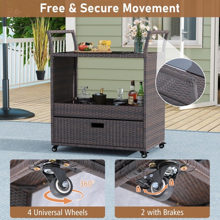 Outdoor Wicker Bar Cart Table with Tempered Glass Top