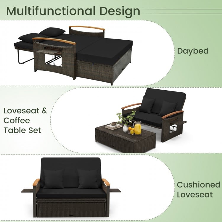 Outdoor Wicker Daybed with Folding Panels and Storage Ottoman-Black
