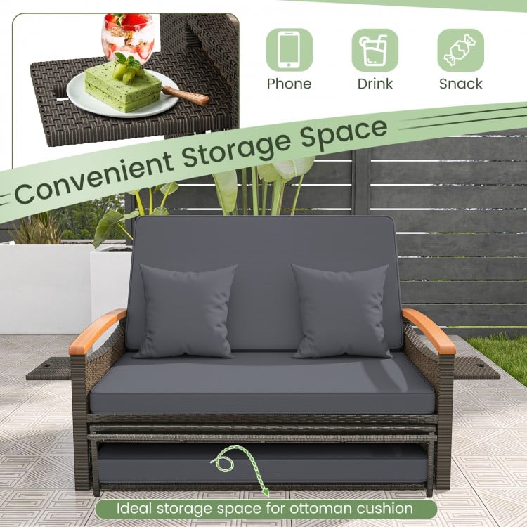 Outdoor Wicker Daybed with Folding Panels and Storage Ottoman-Gray
