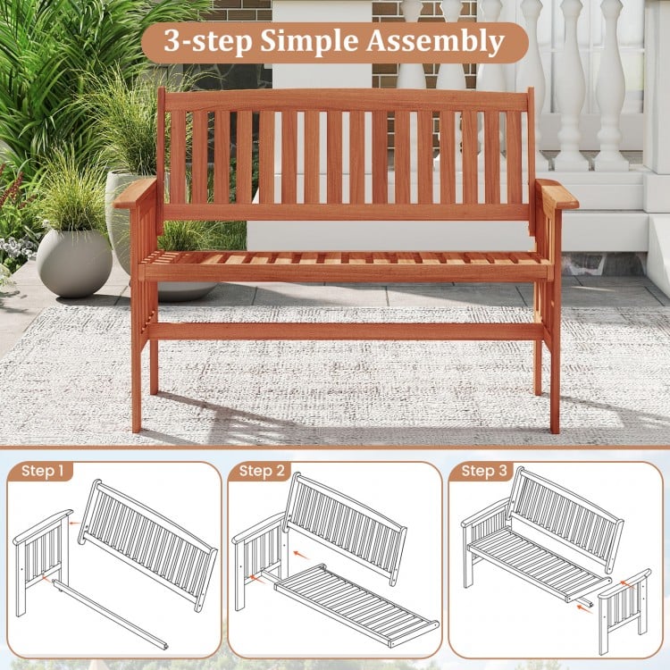 Outdoor Wood Garden Bench 2-Person Patio Park Bench with Backrest Armrests and Slatted Seat