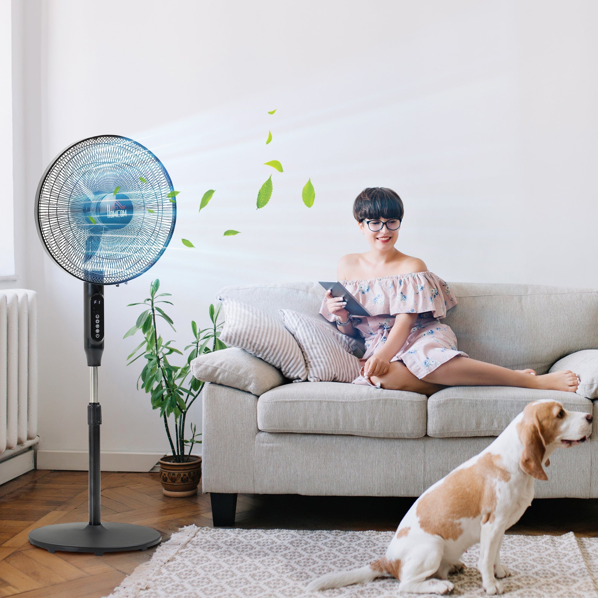 HOMCOM Standing Floor Fan Remote Control Stand Up Cooling Tall Pedestal Electric Bedroom Black 