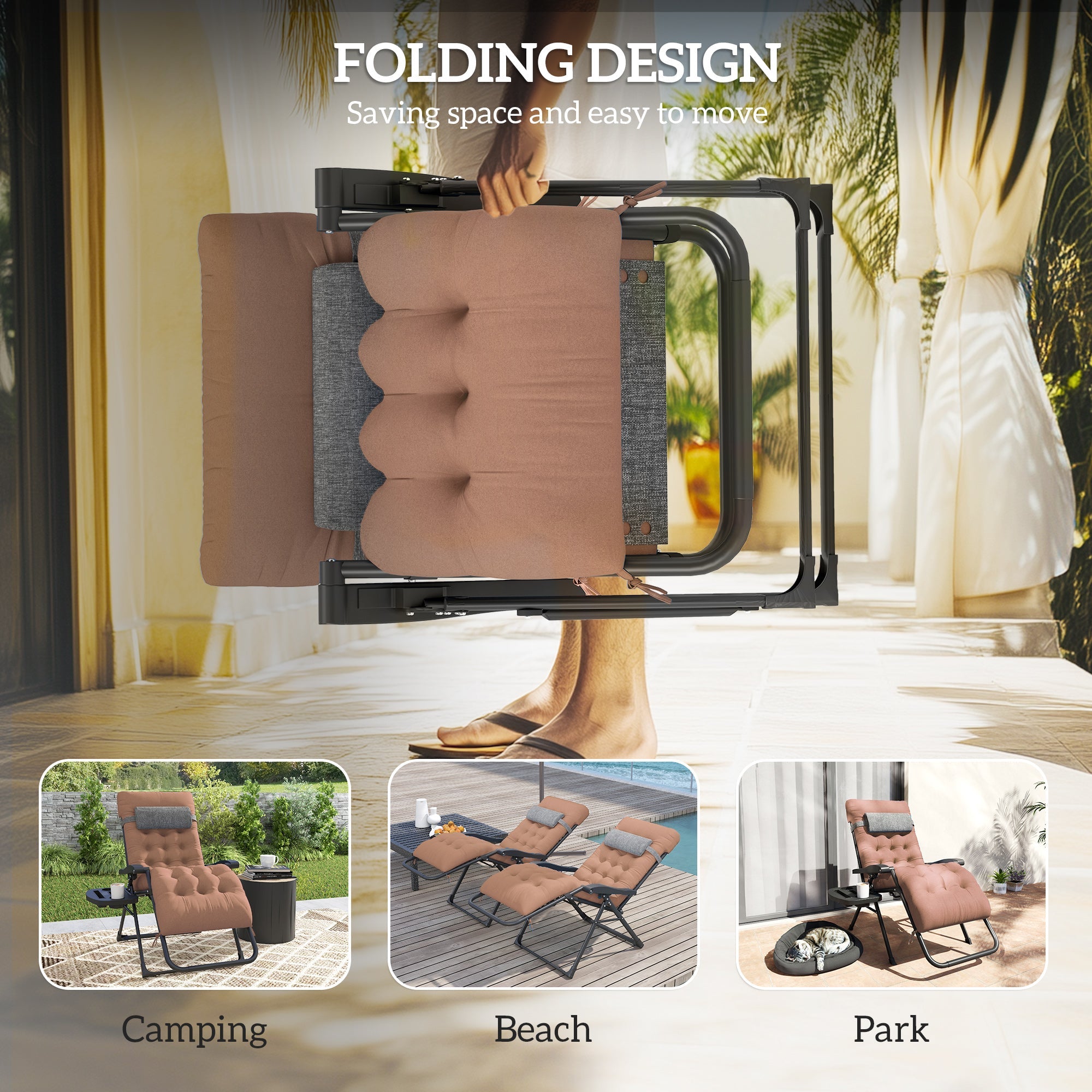Outsunny Padded Folding Recliner Chair, Patio Lounger with Cupholder, Adjustable Backrest, Removable Cushion, Khaki 