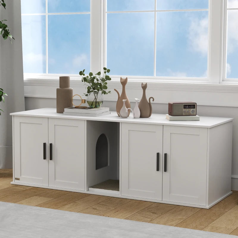 Cat Litter Box Enclosure with Double Room, Scratching Board for 2 Cats, 57" x 19" x 20", White