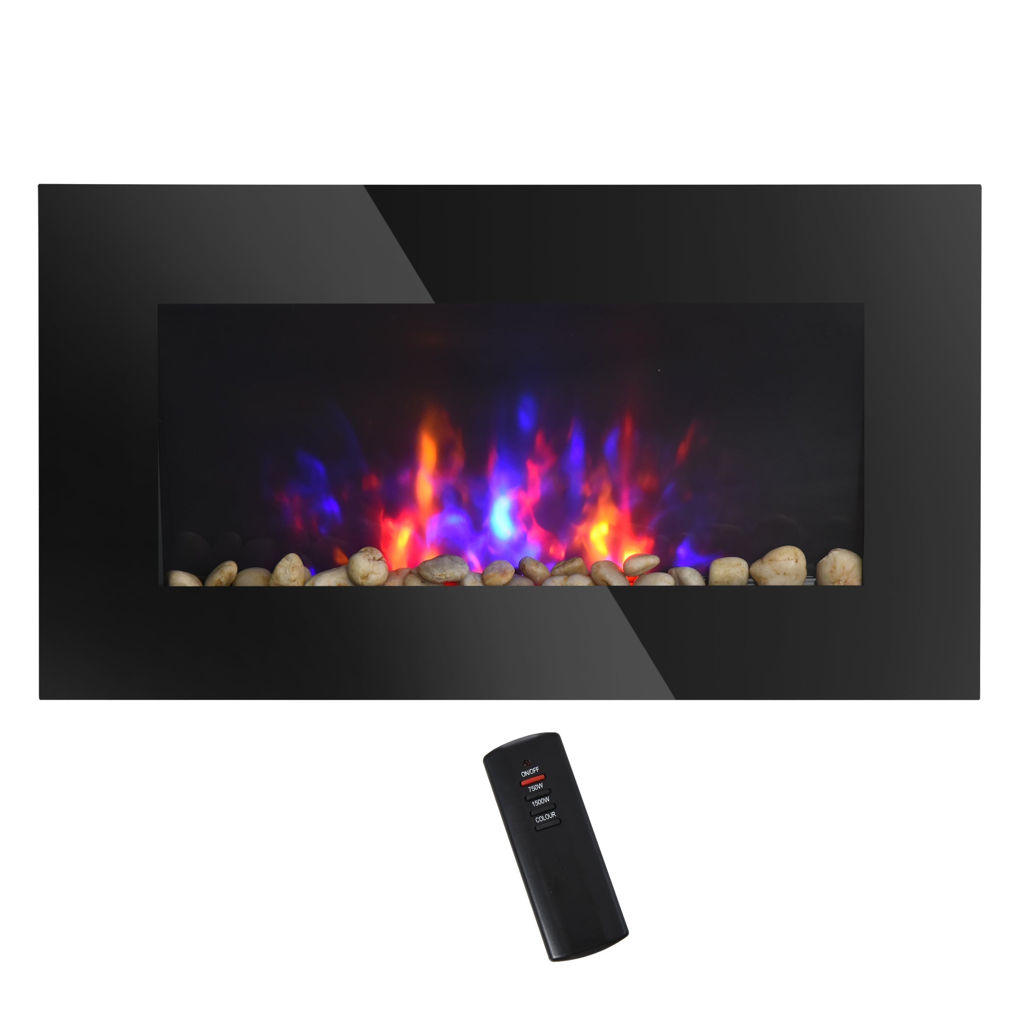 HOMCOM 28.5" Wall Mounted Electric Fireplace Heater with 7 Color Light, LED Flame Effect and Remote Control, 750W/1500W, Black 