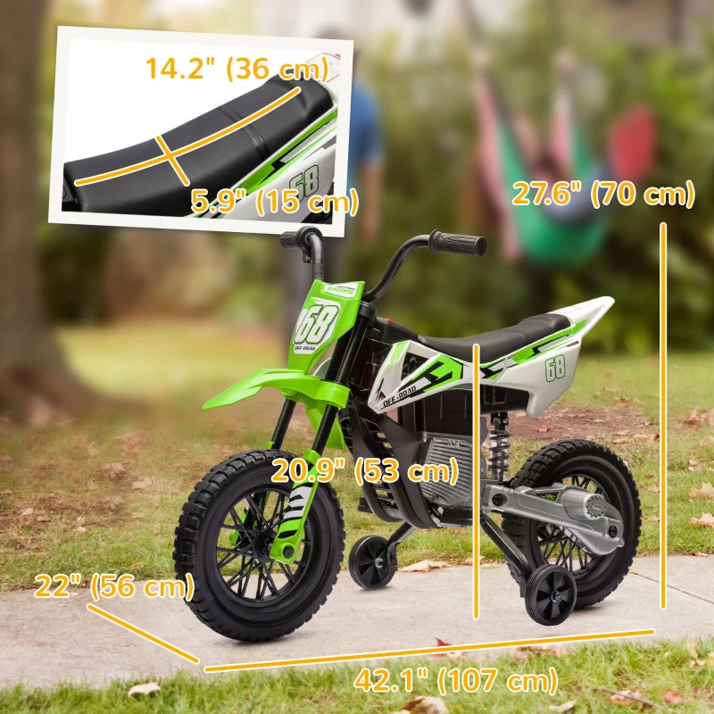 Qaba 12V Kids Dirt Bike, Electric Motorcycle with Twist Grip Throttle, Training Wheels, Rear Suspension & Music, Green