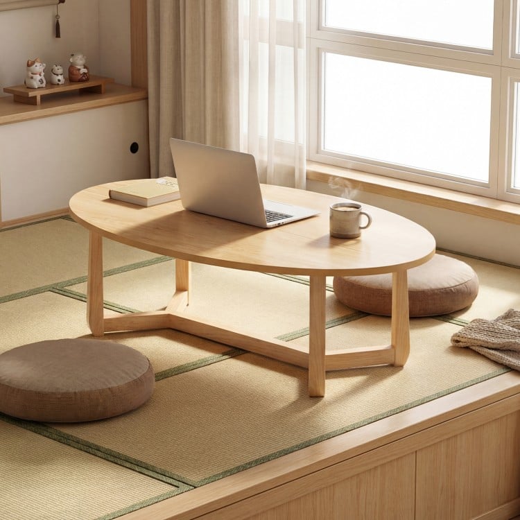 Oval Coffee Table 46 Inches Wooden Accent Table with Thickened Top-Natural