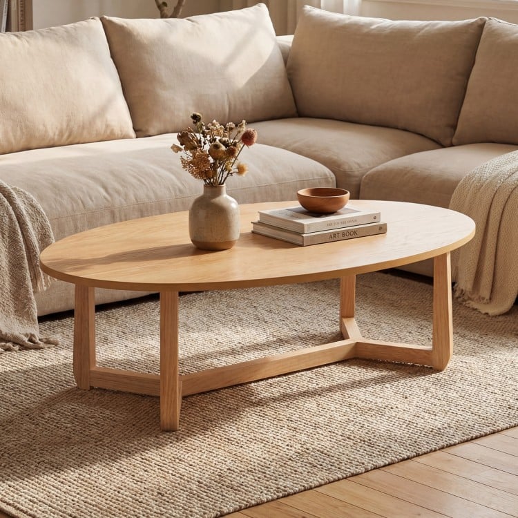 Oval Coffee Table 46 Inches Wooden Accent Table with Thickened Top-Natural