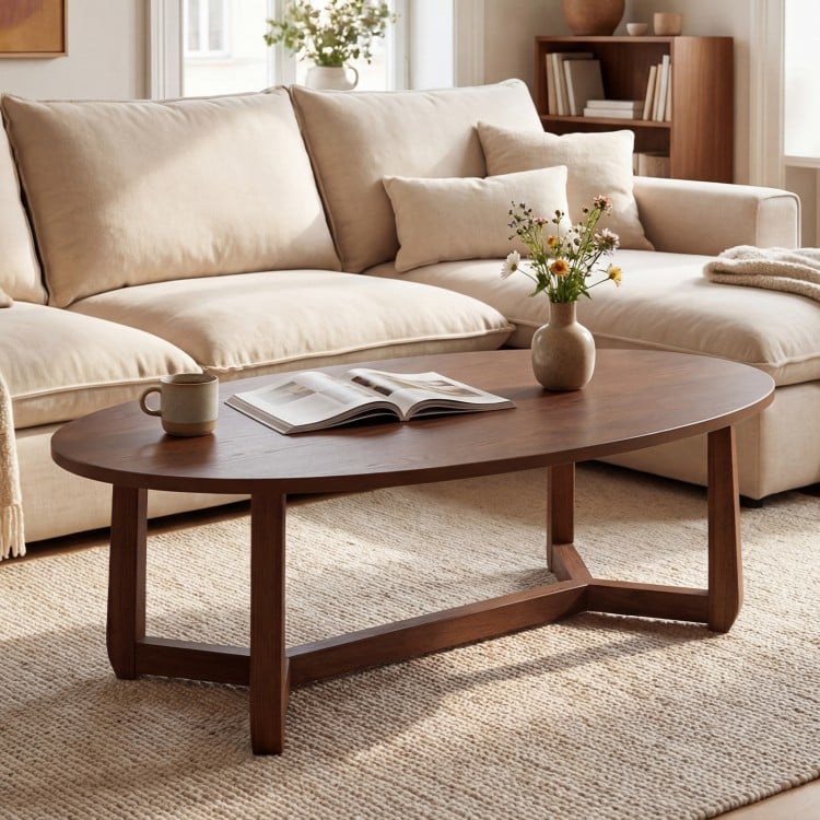 Oval Coffee Table 46 Inches Wooden Accent Table with Thickened Top-Walnut