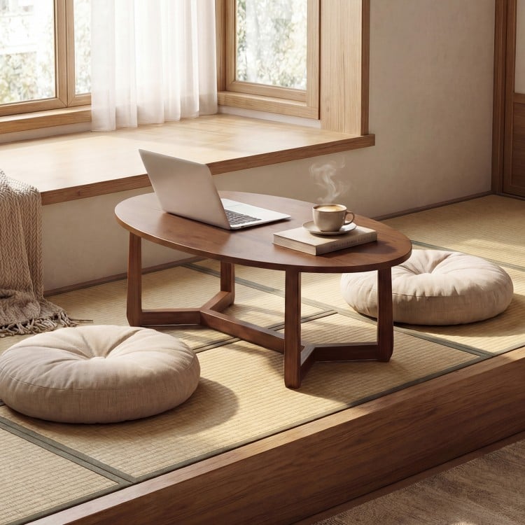 Oval Coffee Table 46 Inches Wooden Accent Table with Thickened Top-Walnut