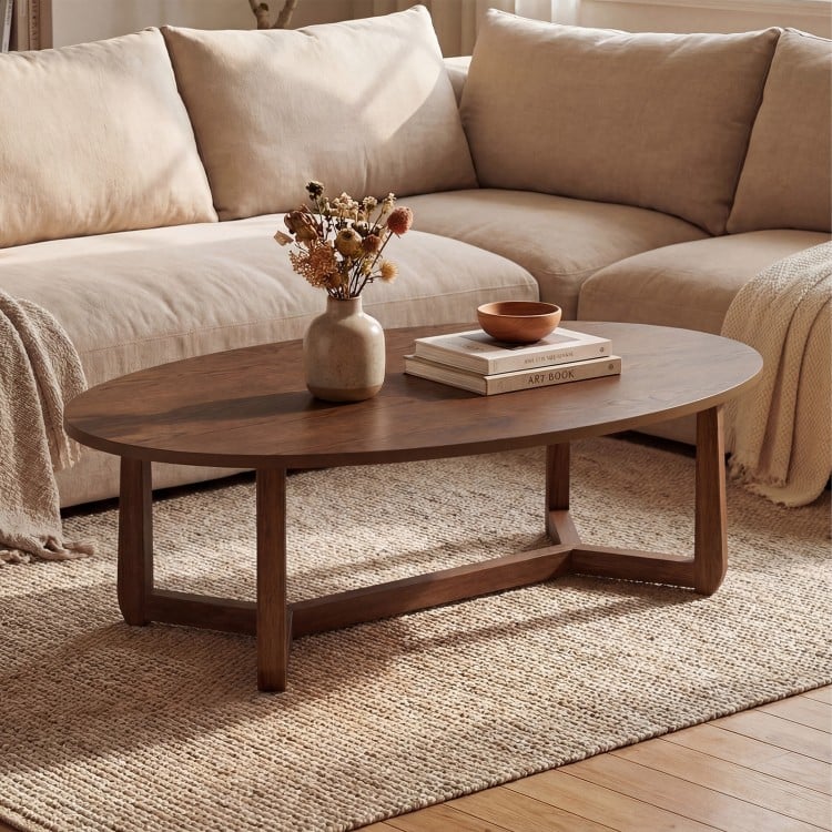 Oval Coffee Table 46 Inches Wooden Accent Table with Thickened Top-Walnut