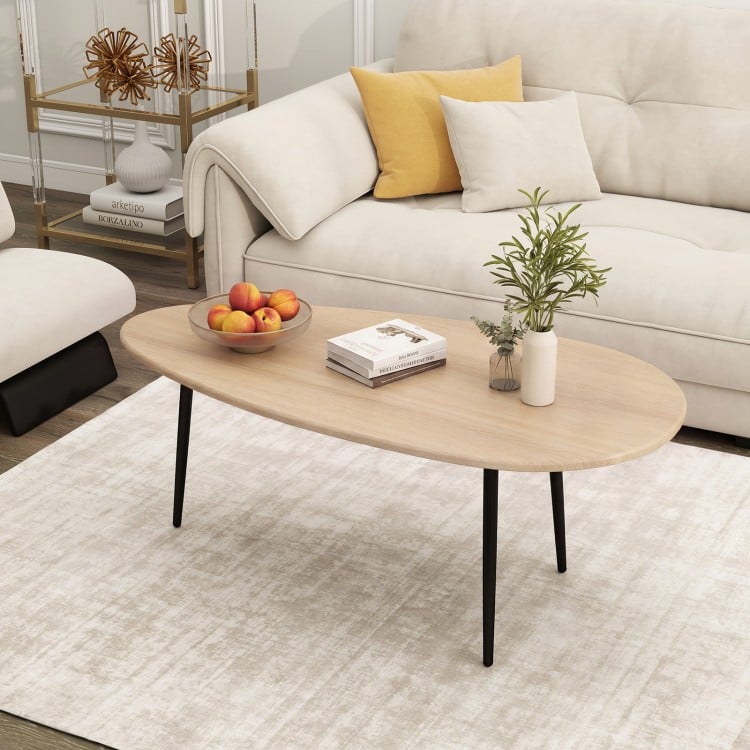 Oval Coffee Table Mid Century Center Table with Sturdy Metal Construction-Natural