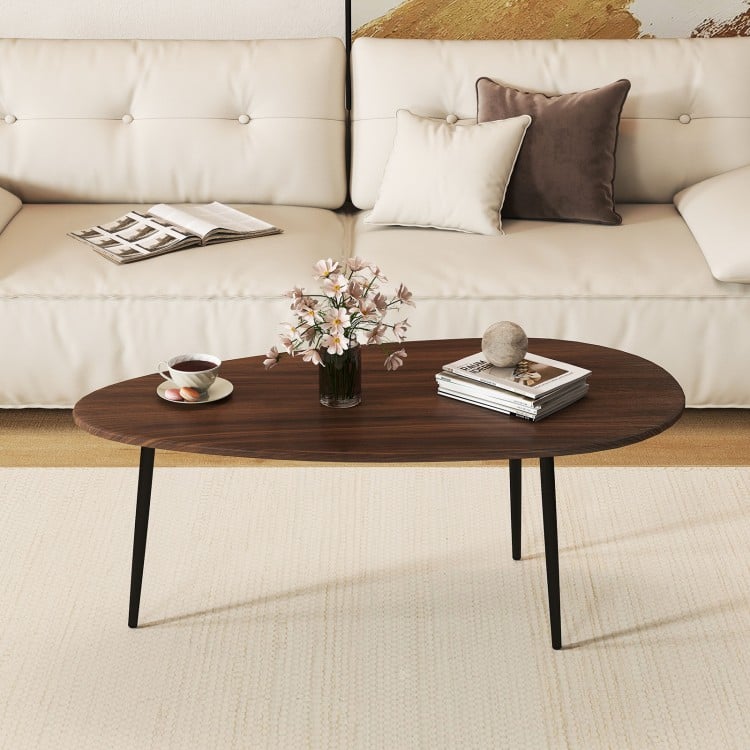 Oval Coffee Table Mid Century Center Table with Sturdy Metal Construction-Walnut