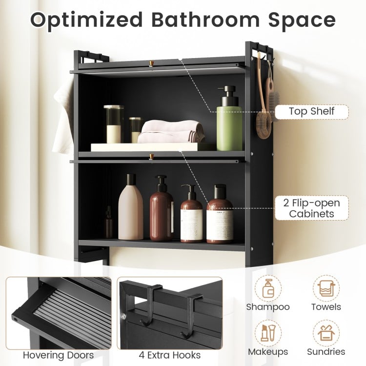 Over-the-toilet Cabinet Bathroom Organizer with 2 Flip-up Cabinets-Black
