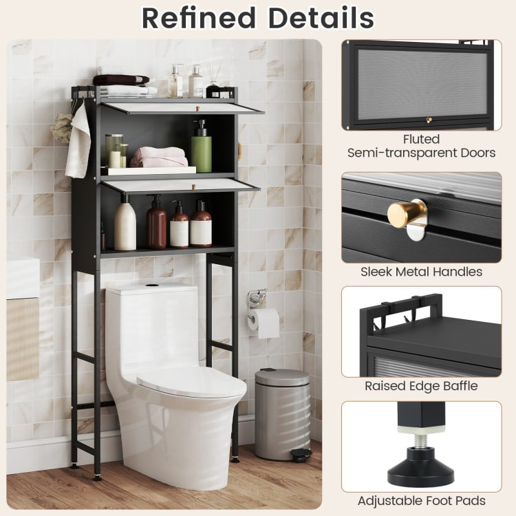 Over-the-toilet Cabinet Bathroom Organizer with 2 Flip-up Cabinets-Black