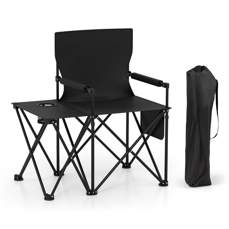 Oversized Camping Chair with Side Table and 2 Storage Pockets-Black