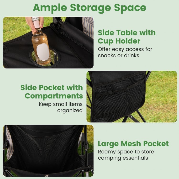 Oversized Camping Chair with Side Table and 2 Storage Pockets-Black