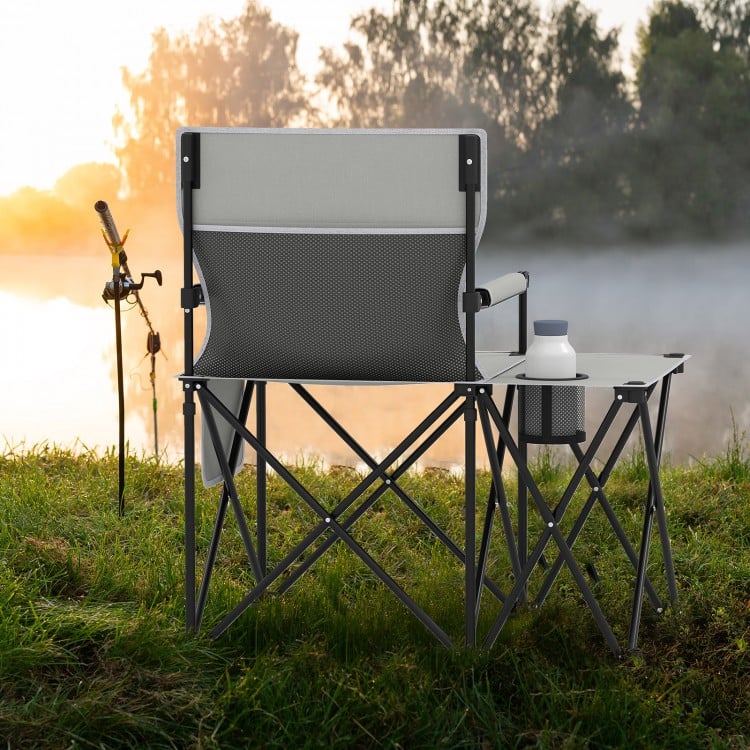 Oversized Camping Chair with Side Table and 2 Storage Pockets-Gray
