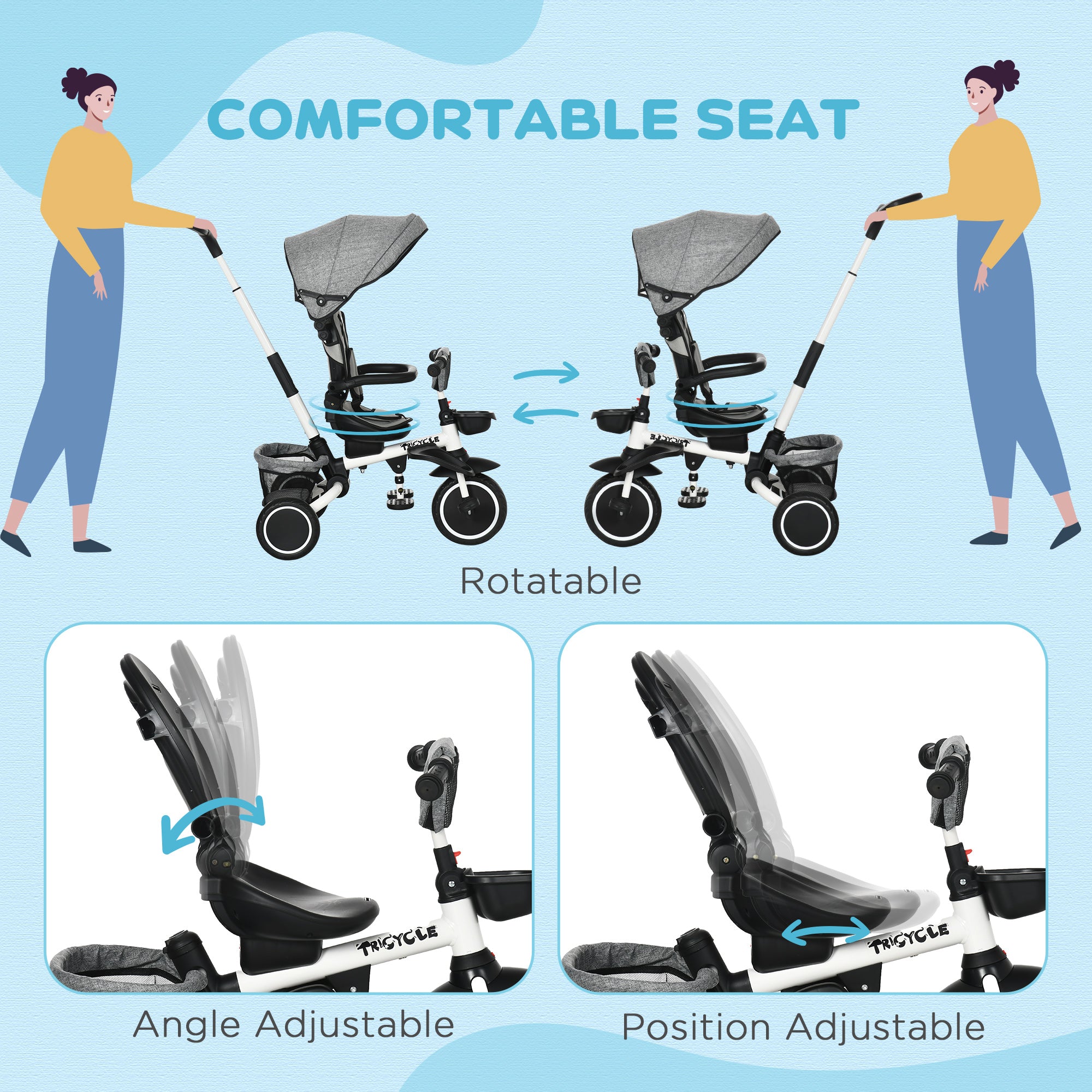 Aosom 7-in-1 Toddler Tricycle, Kids Trike with Rotatable Seat, Adjustable Push Handle, Safety Harness, Detachable Canopy, Footrest| Aosom Canada 