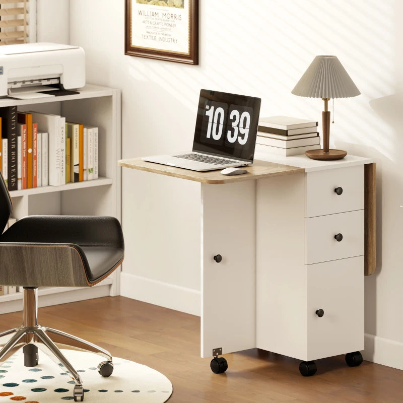 Drop Leaf Dining Table, Mobile Folding Table on Wheels with Drawers and Cabinet for Dining Room, Kitchen, White and Oak