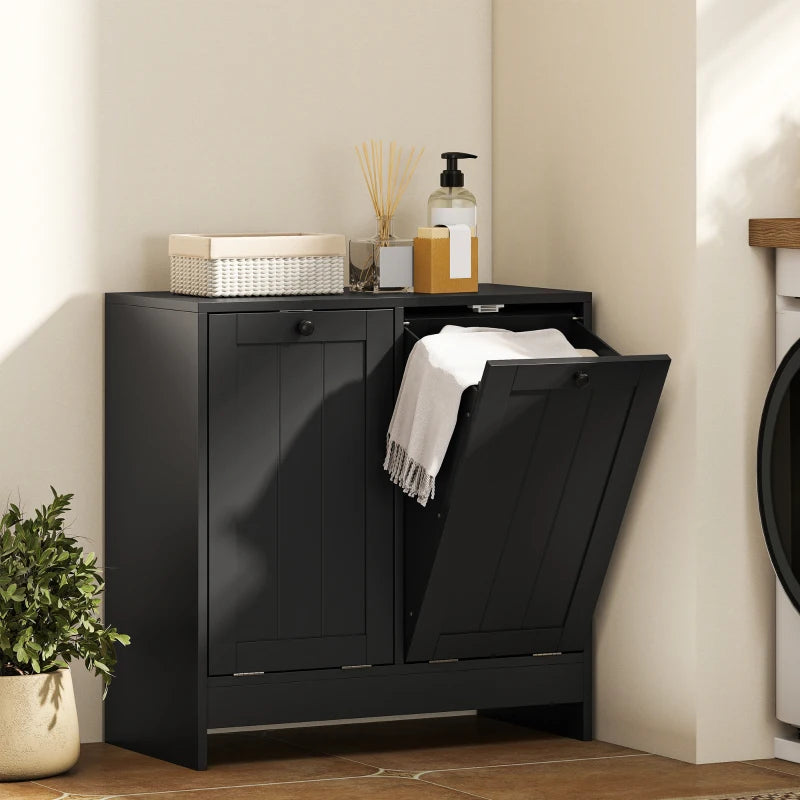 Tilt-Out Laundry Storage Cabinet, Modern Laundry Hamper with 2 Compartments for Bathroom Washroom, Black