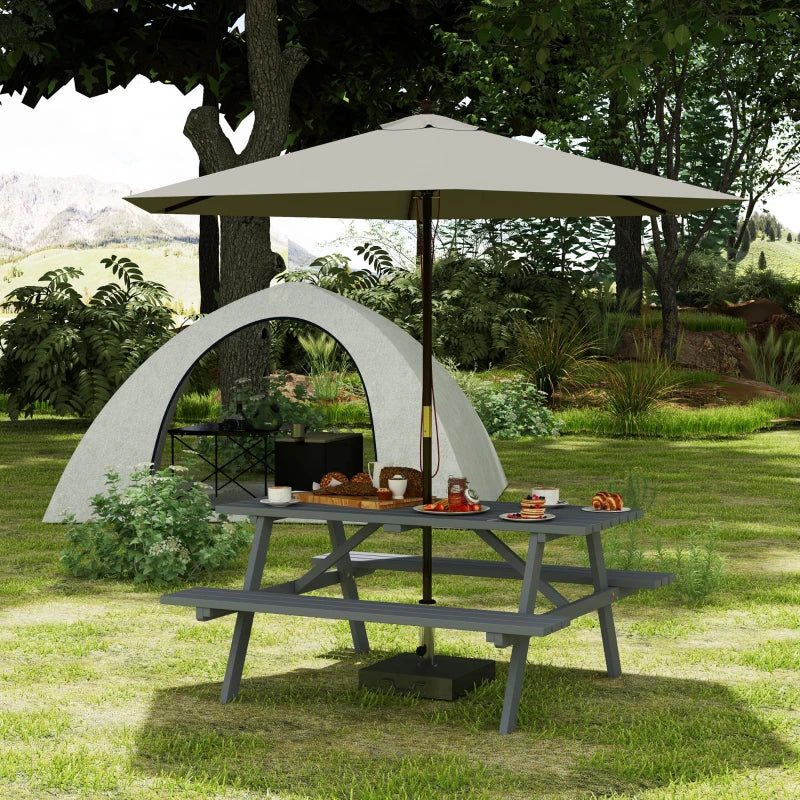 Wood Picnic Table, Camping Table and Bench Set with Umbrella Hole for Outdoor, Garden, Patio, Backyard, Grey