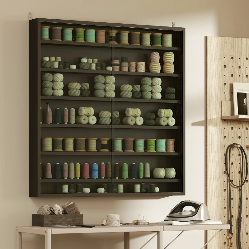 7-Tier Display Cabinet, Shot Glass Display Case, Glass Curio Cabinet with 2 Glass Doors and 6 Adjustable Shelves, Black