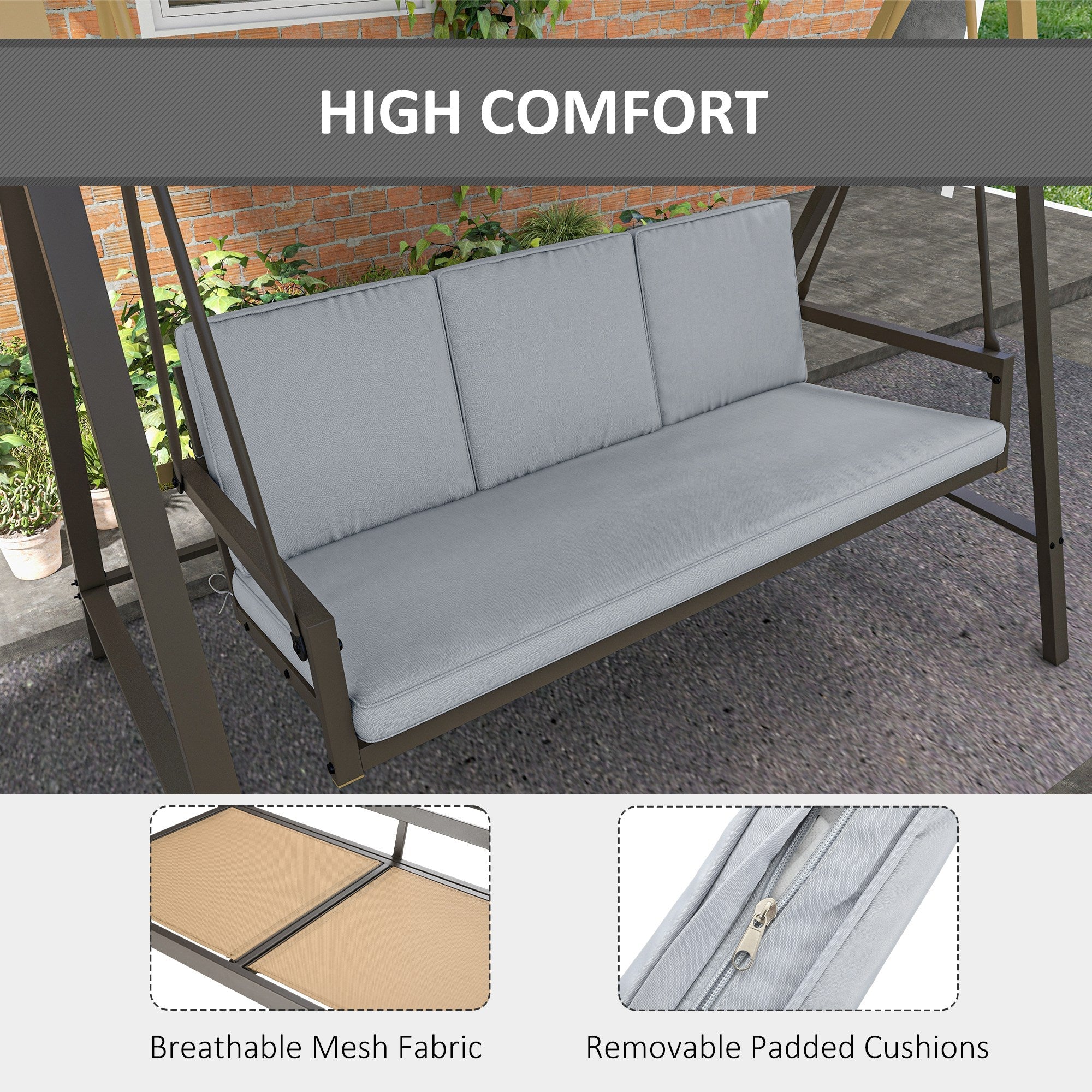 Outsunny 3 Seater Patio Swing Chair, Porch Swing with Adjustable Canopy and Removable Cushions, Outdoor Swing Seat, Light Grey 
