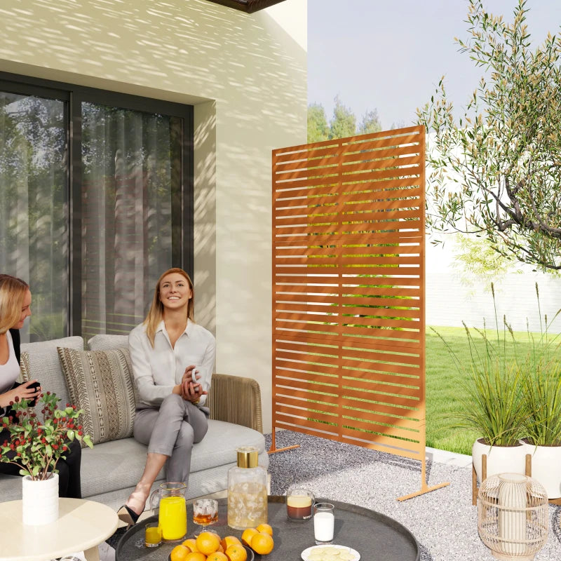 Decorative Outdoor Privacy Panel, Freestanding Metal Outdoor Divider with Stand for Garden, Backyard, Deck, Pool, Brown