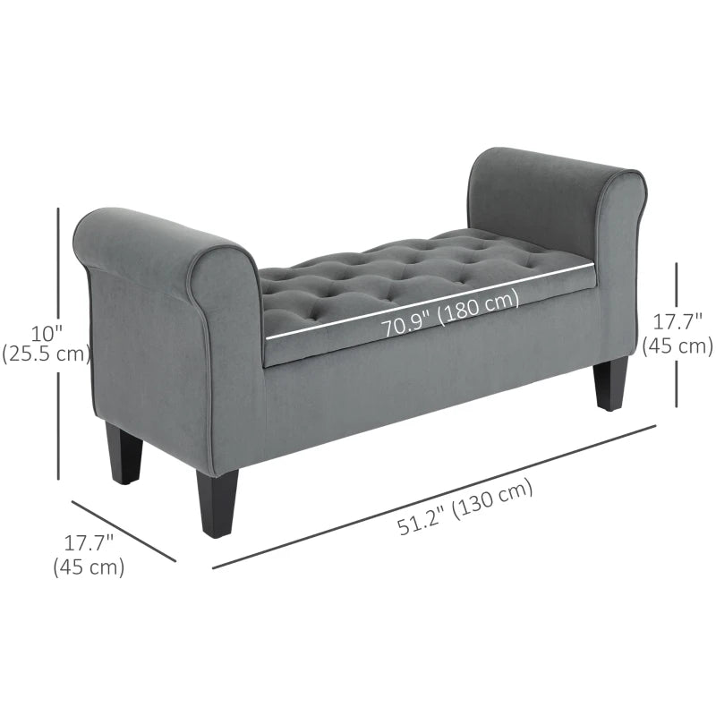 Button Tufted Storage Ottoman Bench, End of Bed Bench with Rolled Arms, Storage Chest for Living Room, Entryway, Grey
