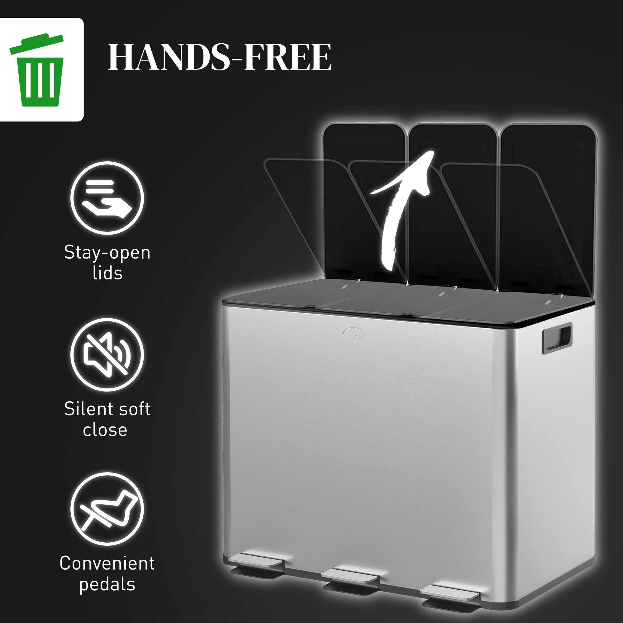HOMCOM Triple Garbage Bin, Soft-Close Trash Can with Foot Pedal, 3 x 20 Liter Garbage Can with Removable Inner Buckets, Silver 