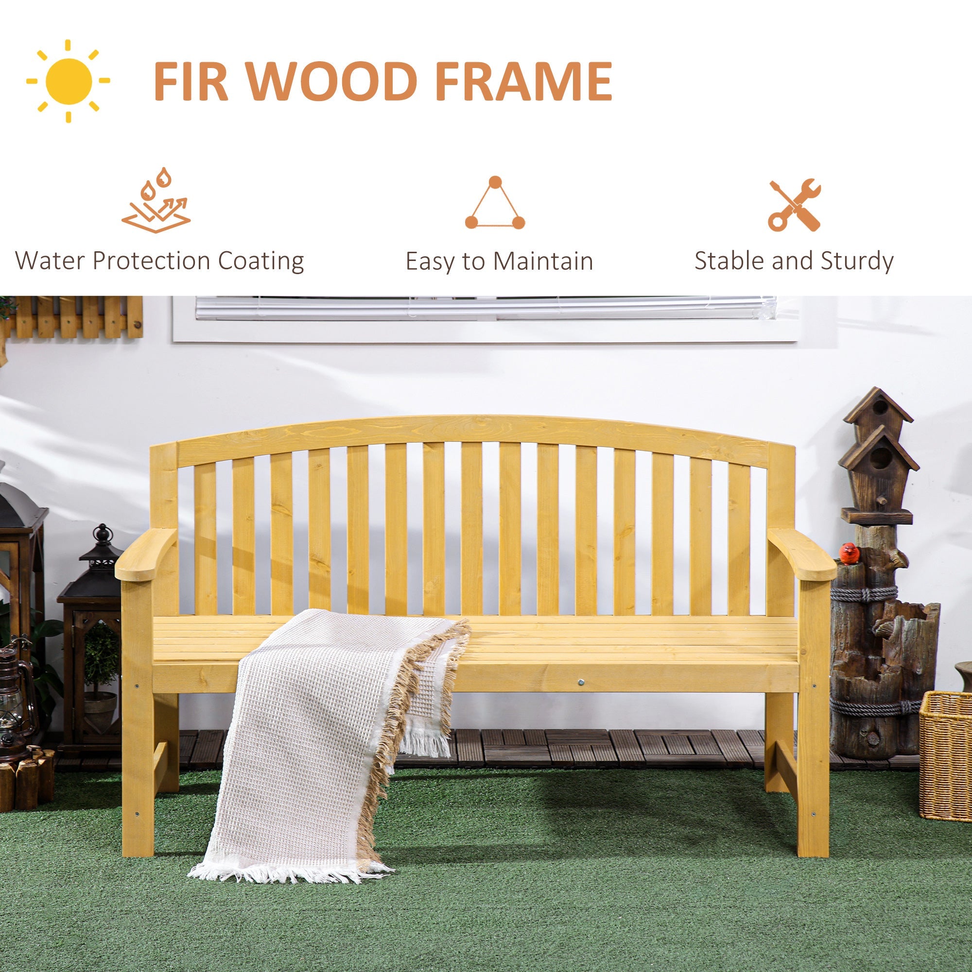 Outsunny Garden Bench 4.7Ft 2 Seater Outdoor Patio Seat Slatted Design for Park Yard Indoor Orange 