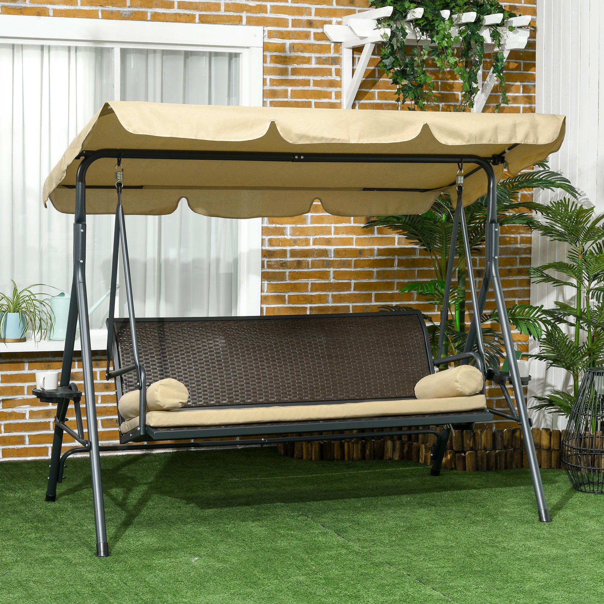Outsunny Outdoor 3-Seat Porch Swing with Canopy: Rattan Seat, Removable Cushion, Pillows, Steel Frame for Patio Comfort 