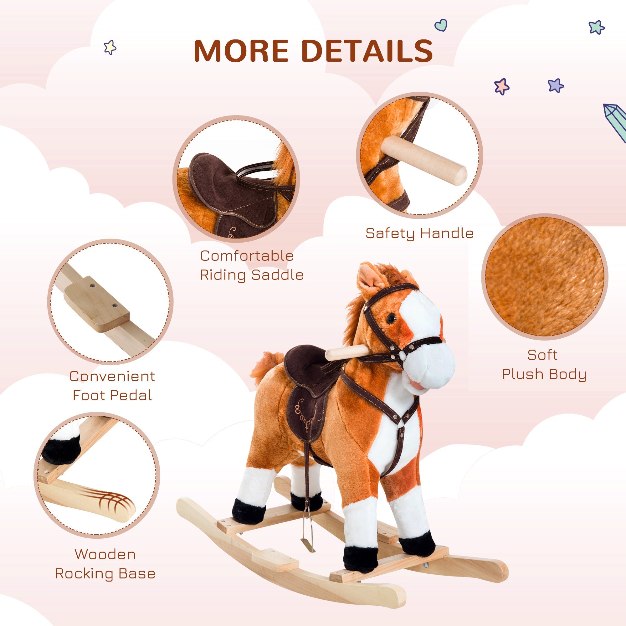 Qaba Kids Rocking Horse Poney Child Plush Ride on Toy w/ Realistic Sound Red Brown 