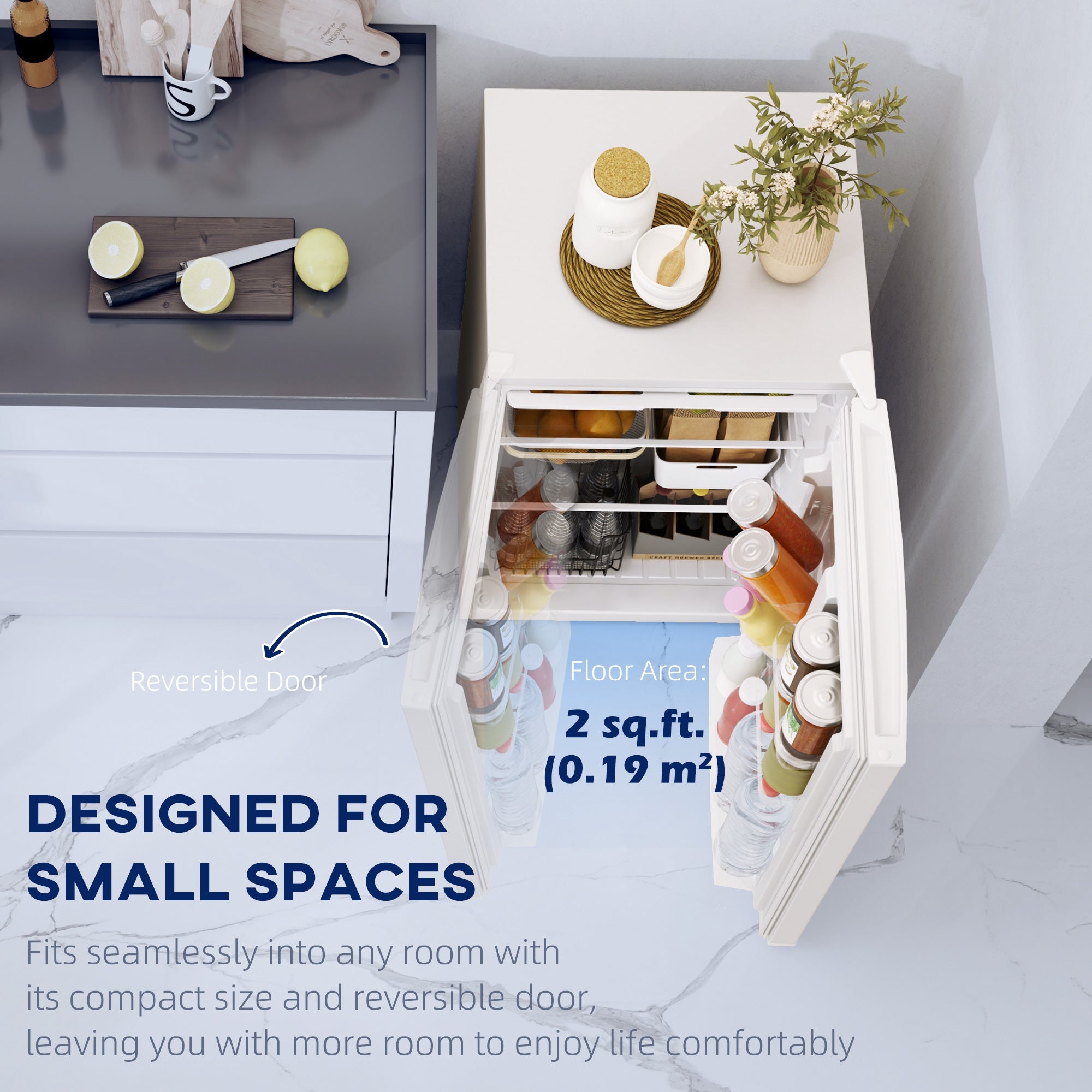 HOMCOM 4.5 Cu Ft Mini Fridge with Freezer, Wheels, Single Door Refrigerator, Adjustable Thermostat, Reversible Door, White 
