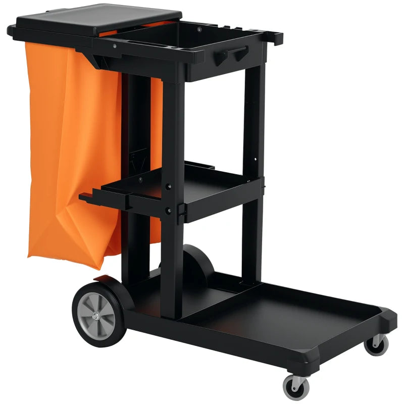 Commercial Janitorial Cart with 3 Tier Shelves, Cleaning Cart with Rubbish Bag and Mop Mount for Hotel Restaurant, Grey