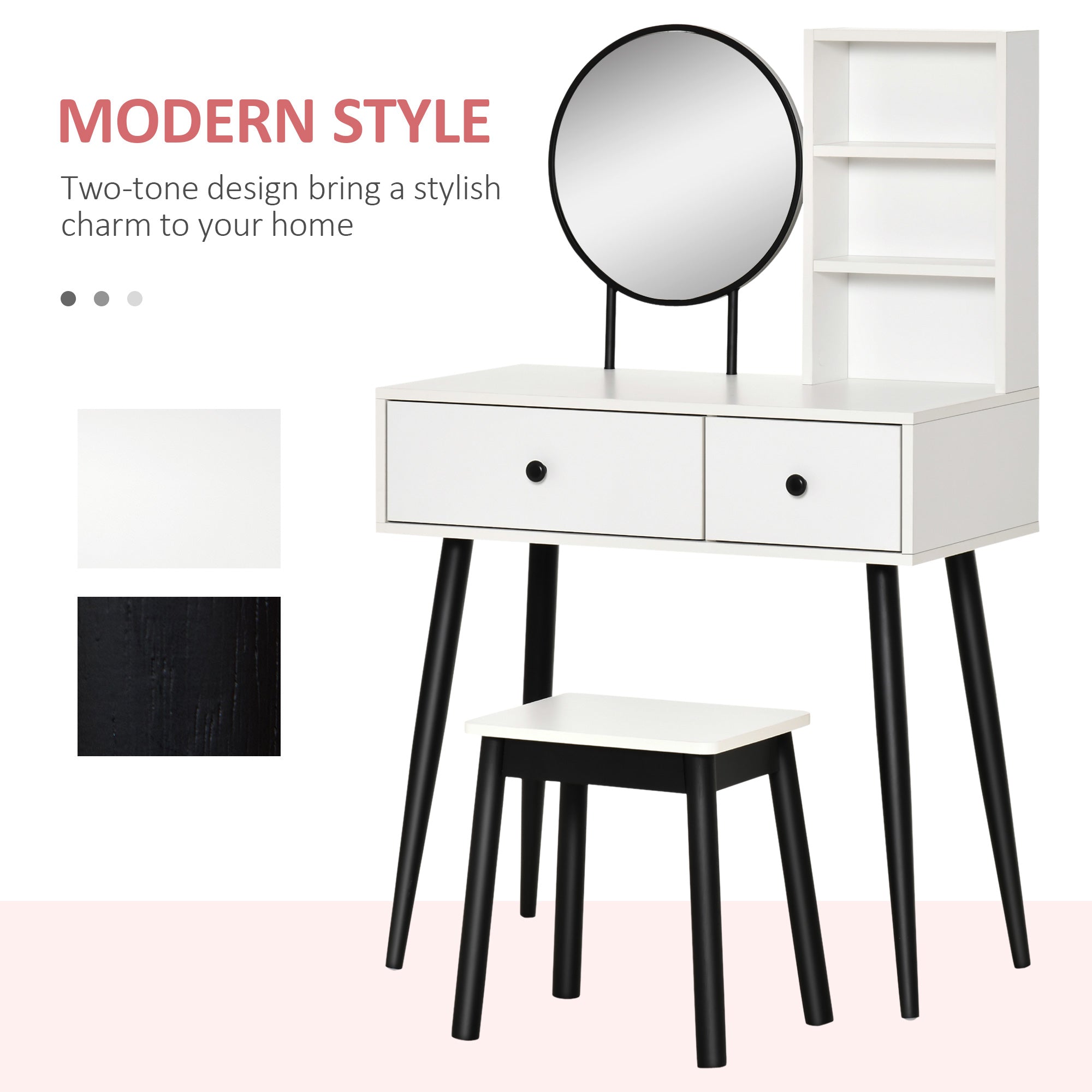 HOMCOM Stylish Vanity Set Makeup Dressing Table with Stool Wood Desk Mirror Storage Drawers Shelf White Black for Bedroom 