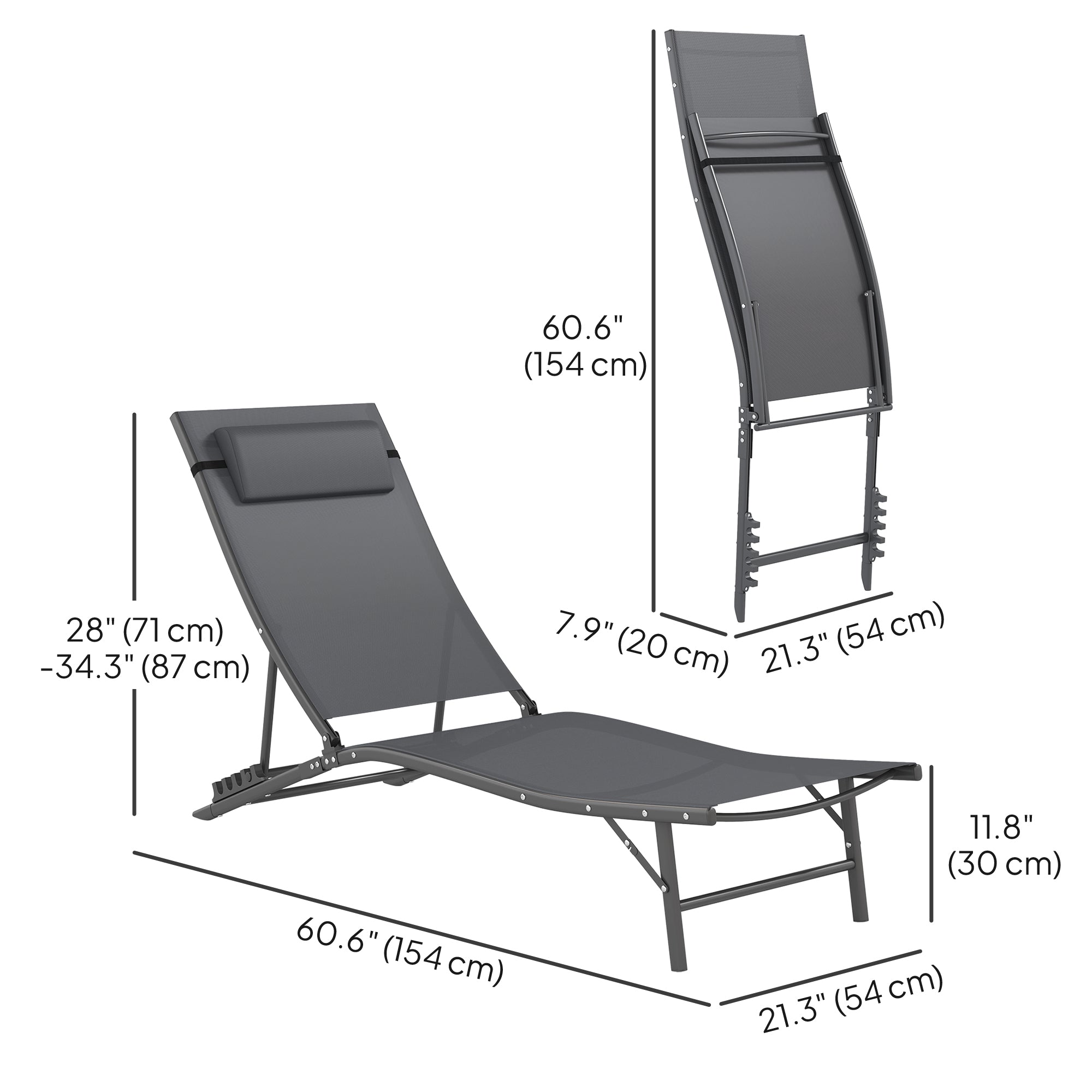 Outsunny Folding Outdoor Chaise Lounge Chair Set of 2 with Adjustable Backrest, Headrest, Mesh Seat for Beach, Poolside, Grey 