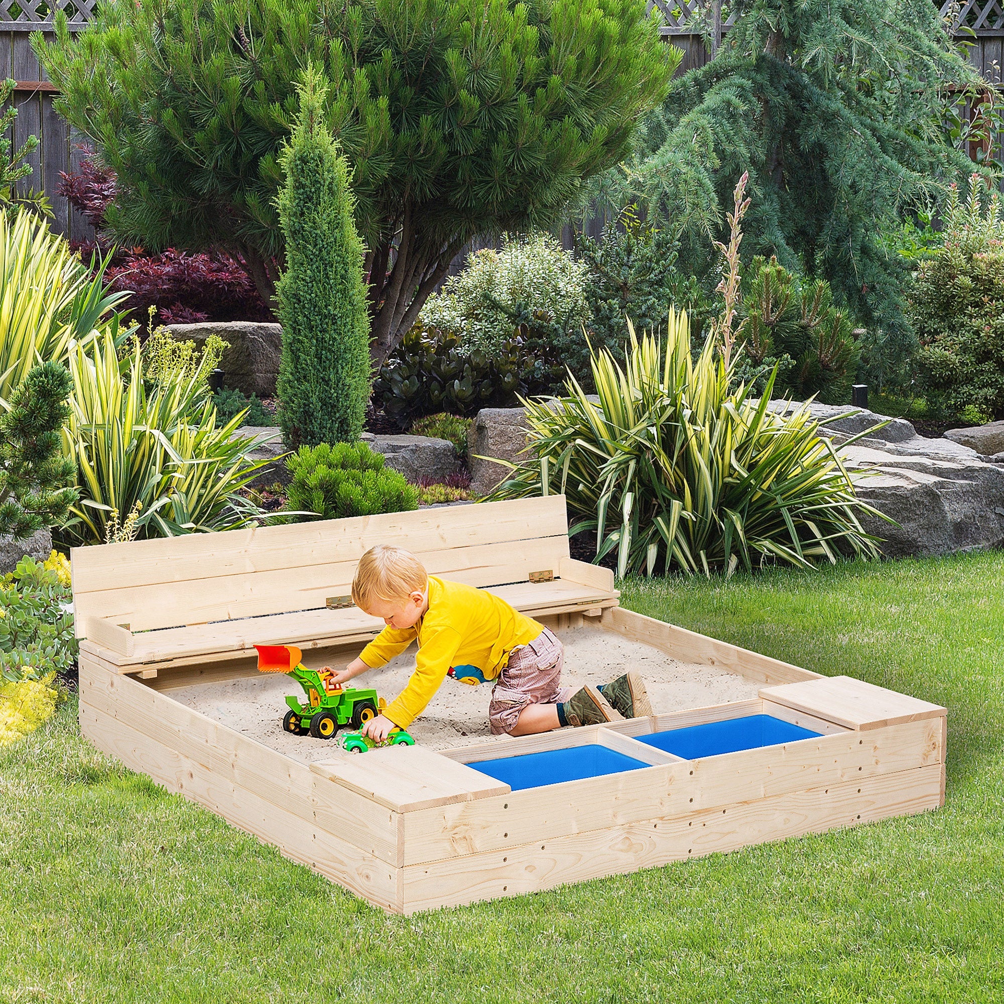 Outsunny Wooden Kids Sandbox with Foldable Bench Seat, 2 Plastic Boxes, Bottom Liner, Storage Space for Garden, Backyard 