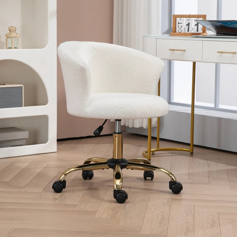 Armless Office Chair, Fluffy Computer Desk Chair with Adjustable Height, Swivel Wheels, Mid Back, Gold