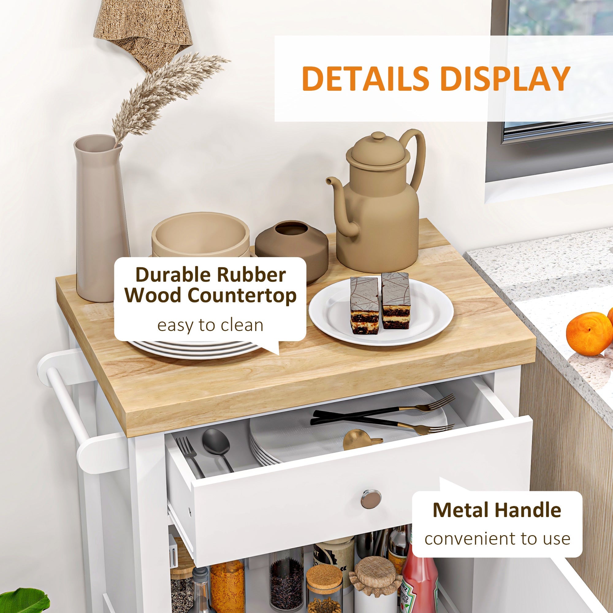 HOMCOM Rolling Kitchen Cart Island on Wheels with Wood Top Storage Drawer Shelf Towel Rack Dining Area 